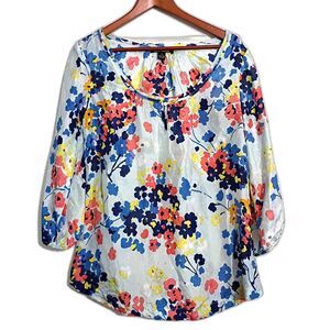 Lucky Brand 100% Silk Floral Peasant Blouse S Lightweight 3/4 Sleeve Scoop Neck